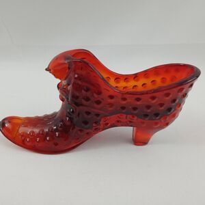 Vintage Red Amberina Fenton Hobnail Glass Slipper Shoe Figurine